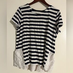Skies are blue navy/white stripe top with lace waist trim.